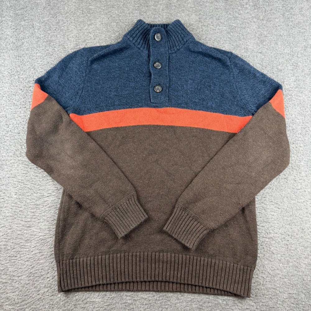 American Eagle Sweater Men's M Brown Blue Colorblock Mock Neck Button Pullover